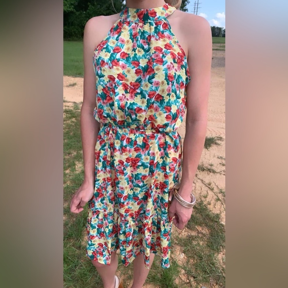 Andthewhy Floral Halter Neck Sleeveless Dress Ruffle Midi Garden Spring Large